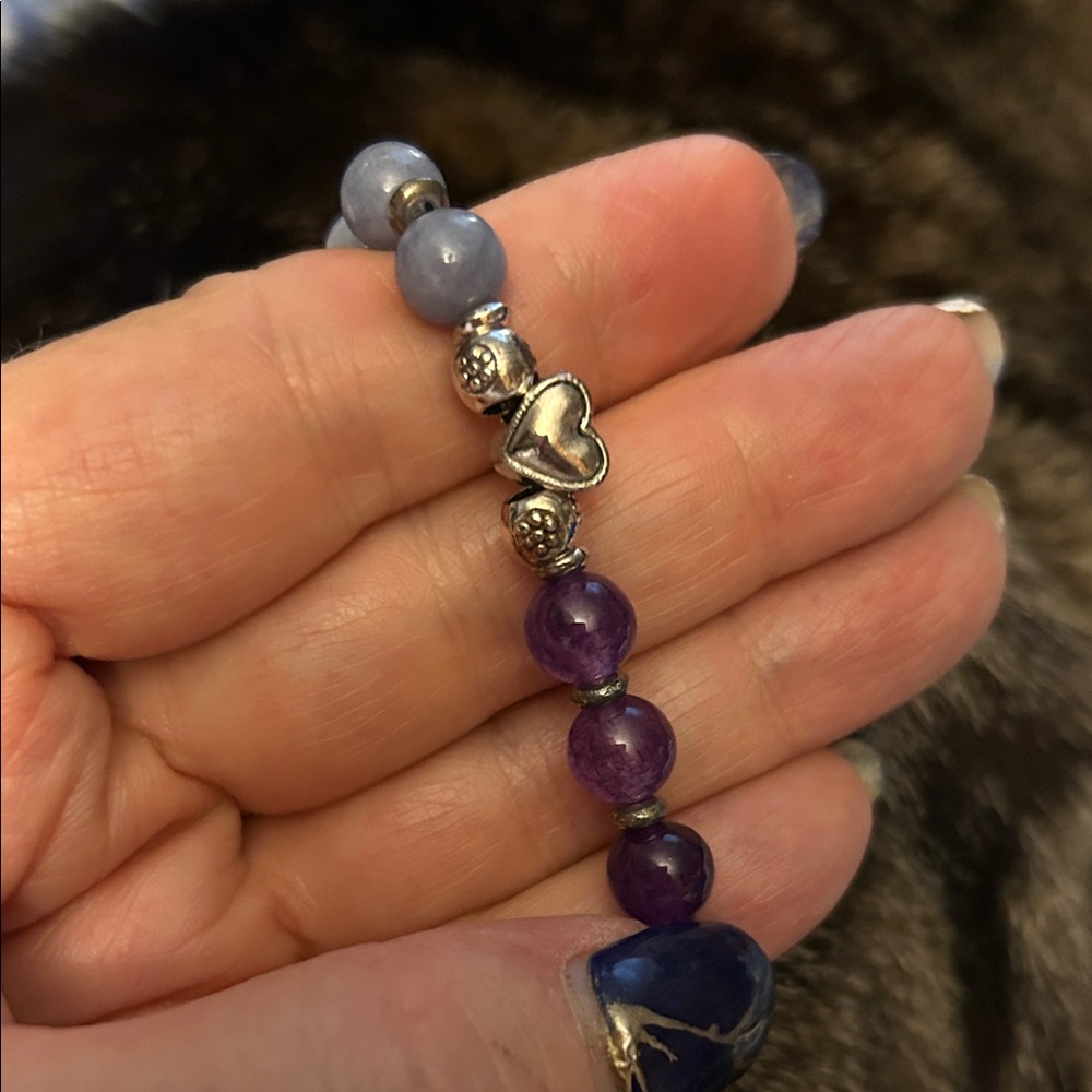 Purple amethyst and Silver Beaded Bracelet with Heart Charm